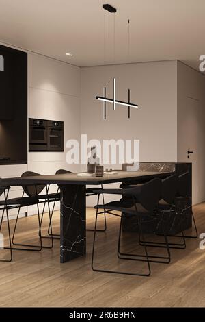 Angolo di cucina panoramica minimalista di lusso con isola di marmo nero, parquet, armadi bianchi e bar con sgabelli. Illuminazione notturna. 3d Foto Stock