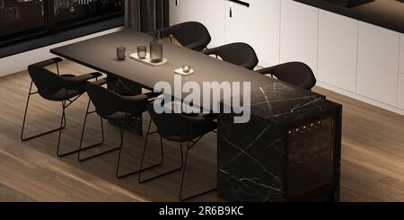 Angolo di cucina panoramica minimalista di lusso con isola di marmo nero, parquet, armadi bianchi e bar con sgabelli. Illuminazione notturna. 3d Foto Stock