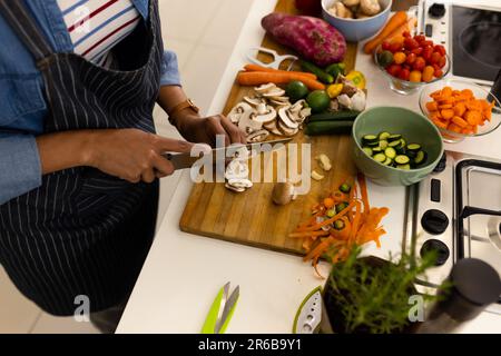 Sezione centrale della donna biraciale in grembiule preparare il cibo in cucina tritare verdure Foto Stock