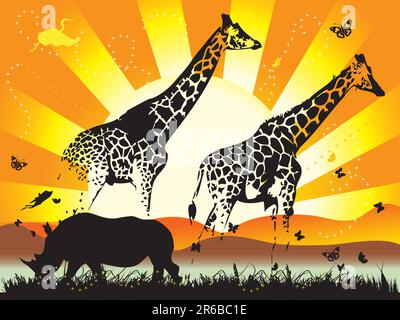 Famiglia di giraffe sulla natura a piedi Illustrazione Vettoriale