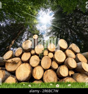 Primo piano di un grande gruppo di tronchi di pino su un prato verde (erba verde e fiori di margherita) con una foresta verde sullo sfondo. Foto Stock