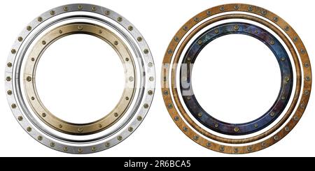 Gruppo di oblò metallici con bulloni isolati su sfondo bianco, figura 3D. Foto Stock