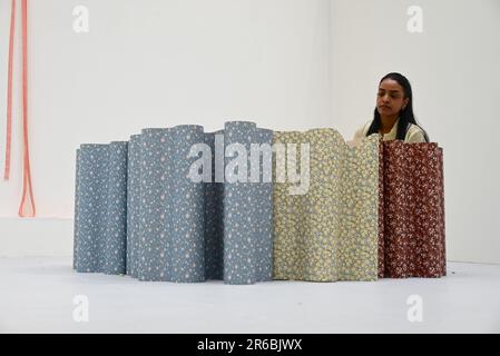 Le opere d'arte esposte quest'anno includono un enorme mobile sospeso in pasta di legno, un dipinto tie-dye alto quasi tre metri in inchiostri colorati che appaiono quasi da sogno, e grandi dipinti di regni abbandonati surrealisti. Sarà esposta una varietà di opere in diversi mezzi di comunicazione e la mostra racchiude l’approccio unico e sperimentale di ogni studente alla creazione artistica. Le scuole RA sono state parte integrante della Royal Academy fin dalla sua fondazione nel 1768, offrendo l'unico programma gratuito di post-laurea triennale in Europa. Si svolge dal 8 giugno -25 giugno 2023 alla Royal Academy ... Foto Stock