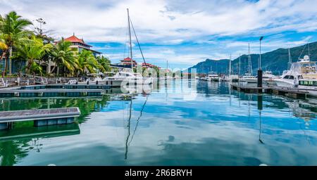 Barche e yacht di lusso ormeggiati nel porto turistico di Eden Island Mahe Seychelles. Foto Stock