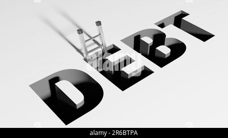 Scale emergenti dal buco a forma di testo del debito Foto Stock