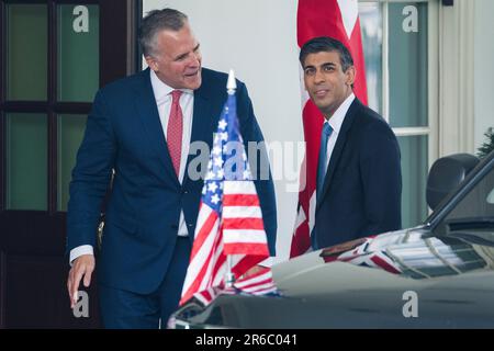 Washington, Stato di Vereinigte. 08th giugno, 2023. Il primo ministro britannico Rishi Sunak arriva alla Casa Bianca di Washington DC per un incontro con il presidente degli Stati Uniti Joe Biden, il 6 giugno 2023. Credit: Chris Kleponis/CNP/dpa/Alamy Live News Foto Stock