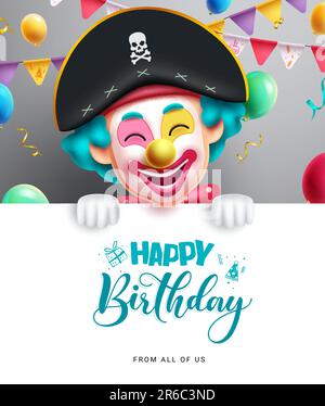 Modello vettoriale per il buon compleanno. Saluto di compleanno in lavagna bianca vuota con clown sorridente e mascotte carattere. Illustrazione vettoriale per party Illustrazione Vettoriale