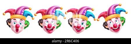 Design del set di vettori di caratteri clown. Compleanno clown e buffoon in faccia divertente, naughty e sorridente con elementi colorati cappello. Illustrazione vettoriale Illustrazione Vettoriale