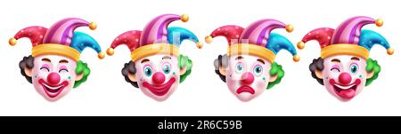 Design del set vettoriale dei caratteri clown. Compleanno clown, buffone, mascotte e comico con un volto felice, sorridente e naughty. Cartoon con illustrazione vettoriale Illustrazione Vettoriale