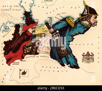 Mappa personificata, circa 1880, Prussia, raffigurata con un soldato prussiano, riproduzione storica, restaurata digitalmente da una sagoma del 19th ° secolo / Personiferte Landkarte, um 1880, Preußen, dargestellt mit einem Preußische Soldaten, Historiisch, restaurierte digitale Reproduktion von einer Vorlage aus dem 19. Jahrhundert Foto Stock