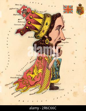 Mappa personificata, c. 1880, Galles, raffigurata con un re, riproduzione storica, restaurata digitalmente da un modello del 19th ° secolo / Personiferte Landkarte, um 1880, Galles, dargestellt mit einem König, Historisch, restaurierte digitale Reproduktion von einer Vorlage aus dem 19. Jahrhundert Foto Stock