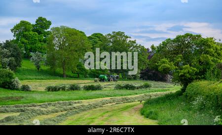 Produzione di fieno (il trattore Valmet viene guidato nella pressa McHale F5400 per trazione sul campo, raccolta di erba secca, 1 balla rotonda) - Leathley, Yorkshire, Inghilterra, Regno Unito. Foto Stock