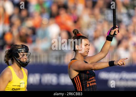 EINDHOVEN - Frederique Matla dei Paesi Bassi in azione contro l'Australia durante una partita di gruppo nel campo dell'hockey femminile della FIH Pro League. LEVIGATRICE AP KING Foto Stock