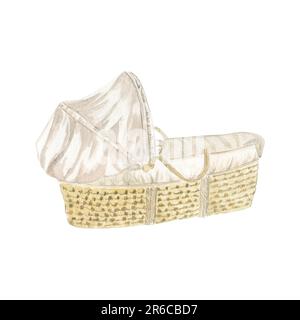 Culla in vimini con manici per un neonato con copriletto beige. Illustrazione ad acquerello, disegnata a mano e isolata su sfondo bianco. adatto Foto Stock