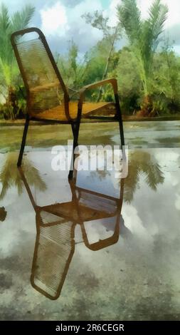 Riflesso di sedie da giardino vuote sotto la pioggia. Foto Stock