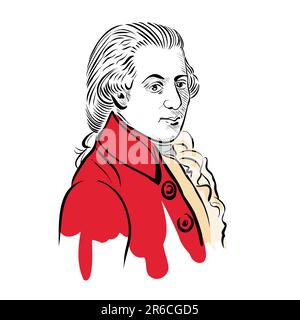 Mozart, Wolfgang Amadeus, immagine verticale, illustrazione vettoriale, disegno a mano in bianco e nero isolato su sfondo bianco Foto Stock