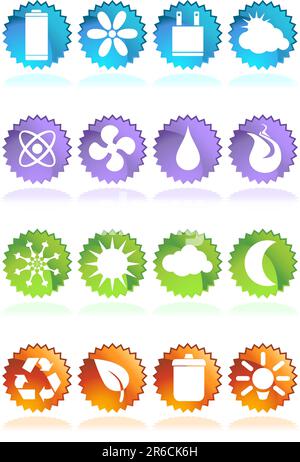 Un set di 16 pulsanti Web lucidi rotondi ecologicamente rispettosi - stile etichetta. Illustrazione Vettoriale