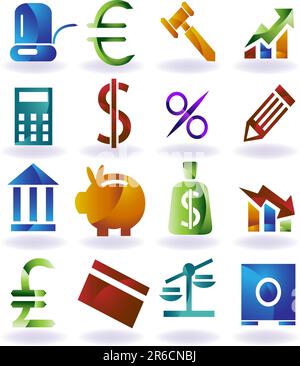 Raccolta di sedici banking pulsanti a tema. Illustrazione Vettoriale