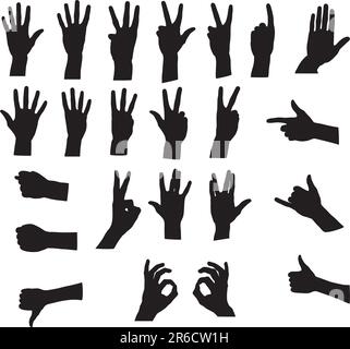 Silhouette a mano con gesti - vettoriale nero su bianco. Sagome assortite per le mani. Segnali compresi "ok", conteggio (1-2-3-4-5), "chiamami", "pistola". Illustrazione Vettoriale