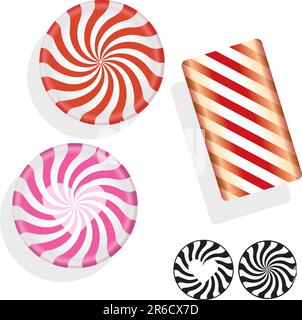 Caramelle rotonde a vortice. Il set vettoriale include zecche circolari, barrette e silhouette, oltre a zecche piccanti di San Valentino. Illustrazione Vettoriale