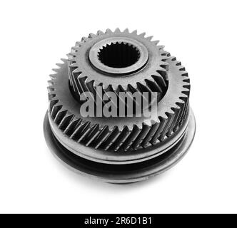 Diversi ingranaggi in acciaio inox su sfondo bianco Foto Stock