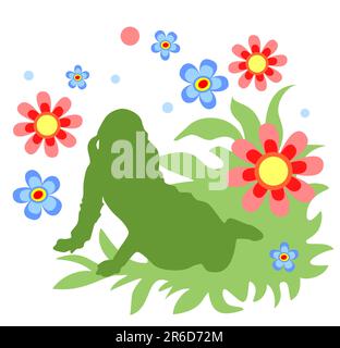 Silhouette da ragazza seduta con fiori su sfondo bianco. Illustrazione Vettoriale