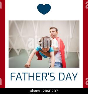 Composto di testo del giorno del padre e la forma del cuore sopra il padre caucasico che indossa il cappello che vola figlio giocoso Foto Stock