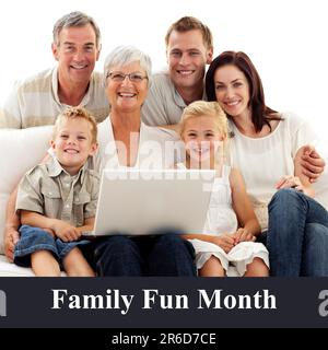 Composto di testo del mese di divertimento per tutta la famiglia, famiglia caucasica di multigenerazione con notebook su sfondo bianco Foto Stock