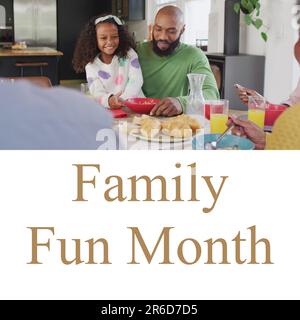 Composto da testo del mese di divertimento per tutta la famiglia e padre e figlia afroamericana che mangiano il pranzo a casa Foto Stock