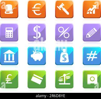 Collezione di sedici bottoni a tema bancario a forma quadrata. Illustrazione Vettoriale