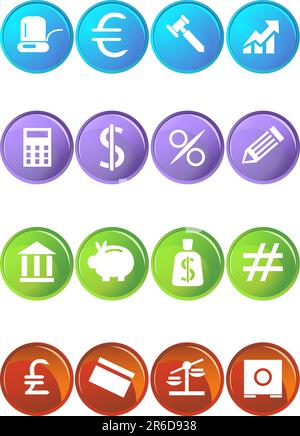 Raccolta di sedici banking pulsanti a tema. Illustrazione Vettoriale