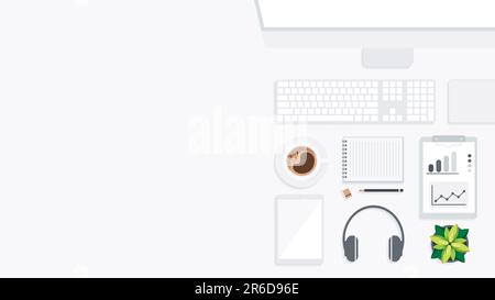 Copertina e banner della scrivania con gadget. Vista dall'alto del tavolo di lavoro e spazio libero per il testo con computer, computer portatile, notebook, caffè, telefono e. Foto Stock