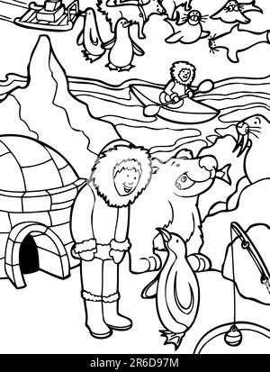 Il bambino vive vicino a un igloo e pesca nel freddo artico con orsi polari, leoni marini, pinguini e cani da slitta - in bianco e nero. Illustrazione Vettoriale