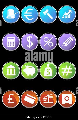 Collezione di sedici pulsanti a tema bancario con sfondo nero. Illustrazione Vettoriale