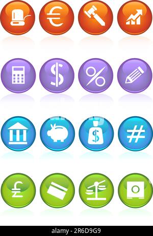 Raccolta di sedici banking pulsanti a tema. Illustrazione Vettoriale