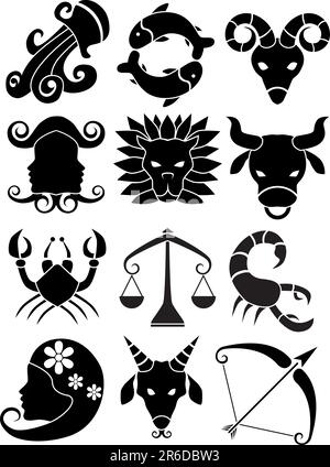 Segni zodiacali simboli grafici in bianco e nero. Illustrazione Vettoriale