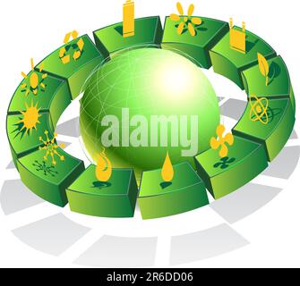 Un set di 12 immagini ecocompatibili su un globo 3d verde. Illustrazione Vettoriale