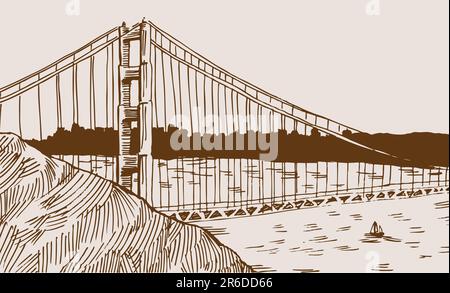 Immagine disegnata a mano del ponte Golden Gate a San Francisco, Stati Uniti. Illustrazione Vettoriale