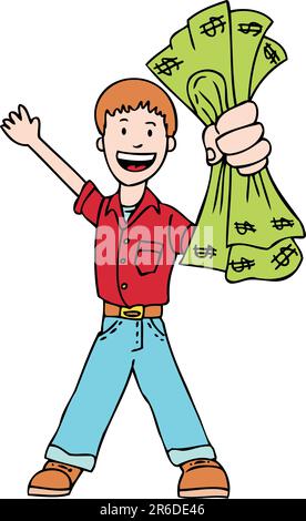 L'uomo mostra una manciata di soldi in mano. Illustrazione Vettoriale