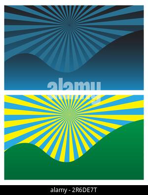 Diverse icone di sole in forme e forme diverse. Illustrazione Vettoriale