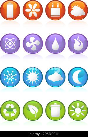 Un set di 16 pulsanti Web lucidi rotondi ecologici. Illustrazione Vettoriale