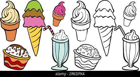 Immagine a cartoni animati di una varietà di diversi tipi di gelati, sia a colori che in bianco e nero. Illustrazione Vettoriale