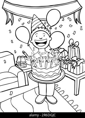 Bambino che festeggia il suo compleanno con una festa - bianco e nero. Illustrazione Vettoriale