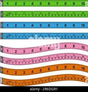 Set di nastri di misurazione colorati in pollici e centimetri. Illustrazione Vettoriale