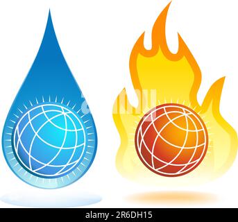 Set di 2 icone che rappresentano il riscaldamento globale e la fusione. Illustrazione Vettoriale