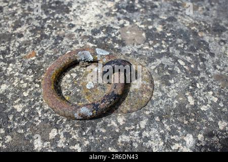 Manico ad anello in metallo pesante fissato in cemento vecchio e resistente alle intemperie, primo piano con messa a fuoco morbida Foto Stock