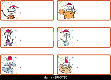 Set di sei etichette regalo di Natale con gatti che indossano cappelli di babbo natale e uno sfondo coriandoli. Illustrazione Vettoriale