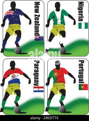 Finali della Coppa del mondo di calcio 2010. 32 squadre in magliette delle bandiere nazionali. Nuova Zelanda, Nigeria, Paraguay, Portogallo Illustrazione Vettoriale