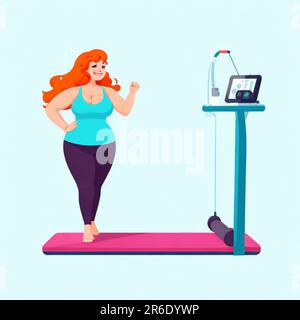 Grasso donna fatness a perdita di peso, stile cartoon sovrappeso in palestra Foto Stock