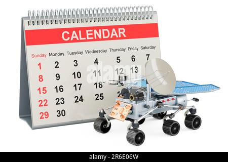 planetary rover con calendario da tavolo, rendering 3D isolato su sfondo bianco Foto Stock